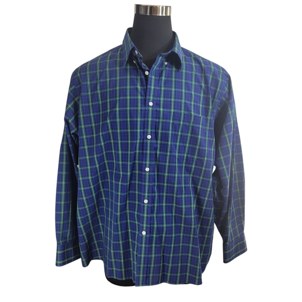 Izod Shirt Mens 2XL Blue Green Plaid Cotton Blend Stretch Regular Fit Classic